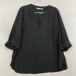 Susan Graver size 20W Black Split Neck Rolled Sleeve Soft Relaxed Popover Blouse